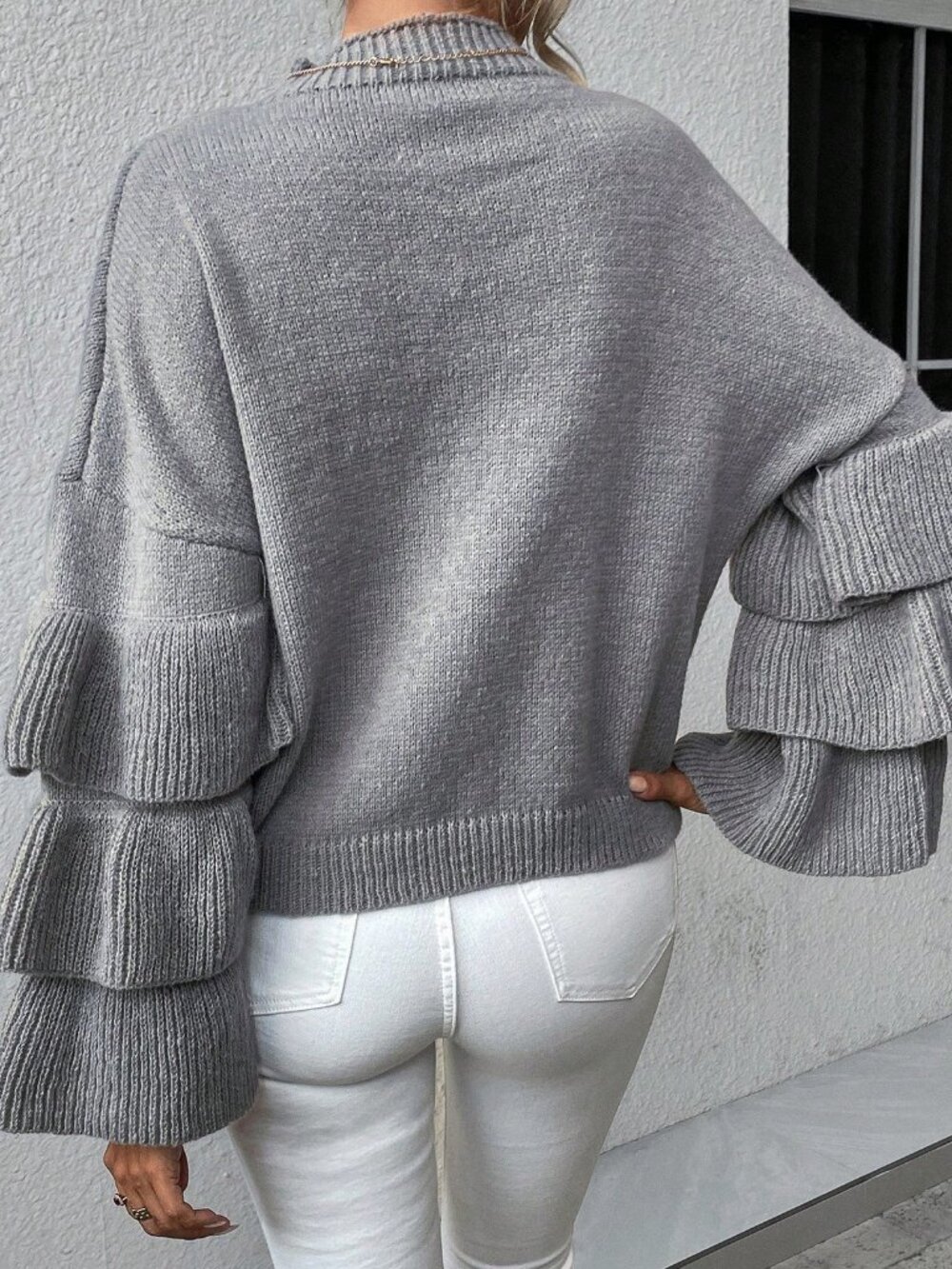 Women's Mock Neck Layer Sleeve Ruffle Trim Sweater - Picture 2 of 6